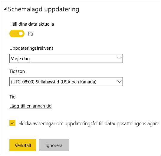 Skärmbild av dialogrutan Schemalagd uppdatering i usluga Power BI.