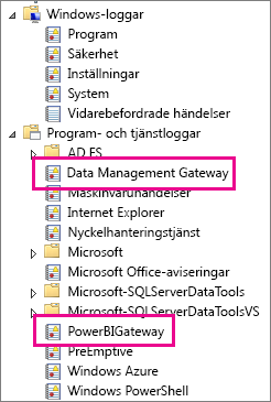 Skärmbild som visar Datahantering Gateway- och PowerBIGateway-loggar i katalogen Program- och tjänstloggar.