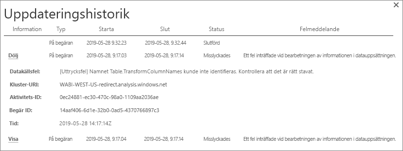 Skärmbild som visar dialogrutan Uppdateringshistorik.