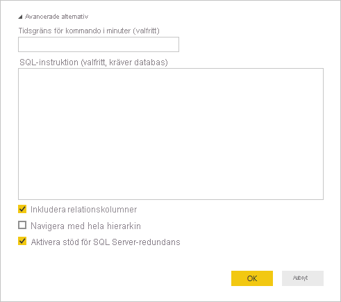 Skärmbild av avancerade alternativ för SQL Server