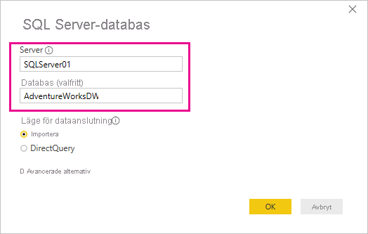 Skärmbild av dialogrutan SQL Server-databas.