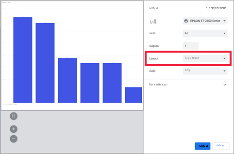 Screenshot of the print settings with Layout as Landscape selected.