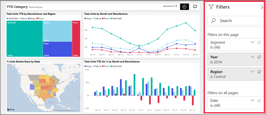 Screenshot of a report open in the Power BI service with the Filters pane expanded.