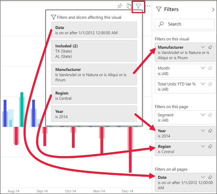 Screenshot of a pop-up with all the filters numbered to match the corresponding filter in the Filter pane.