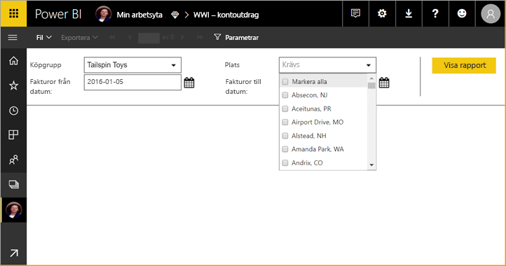 Screenshot of the Parameters to view the report with the required field highlighted.