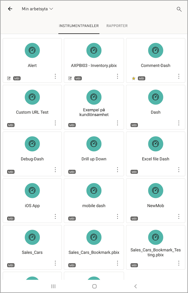 Screenshot shows an Android tablet screen with My Workspace with DASHBOARDS selected.