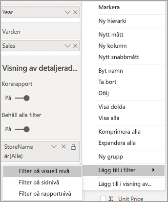 Screenshot of the options menu, highlighting Add to filters and Visual-level filters.