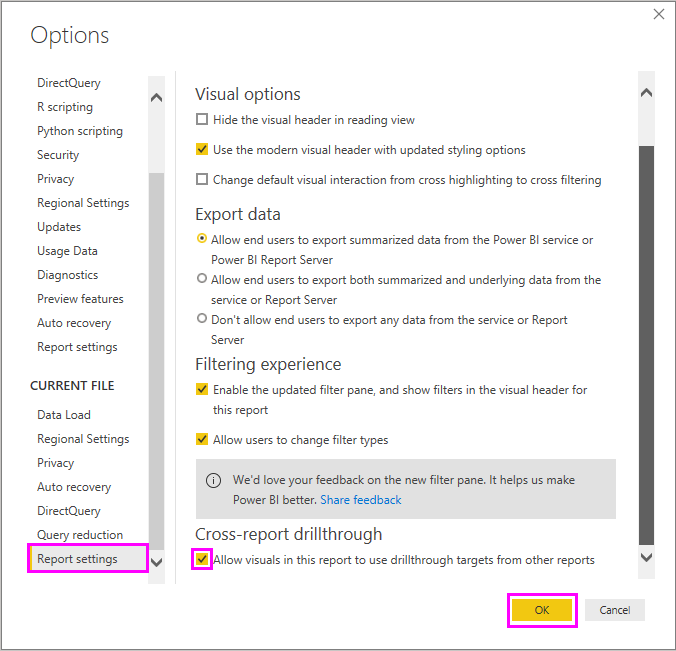 Skärmbild som visar aktivering av detaljerad information mellan rapporter i Power BI Desktop.