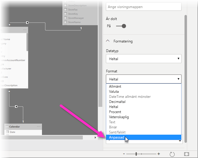 Skärmbild av Power BI Desktop i modelleringsvyn med anpassad markering i listrutan Format.