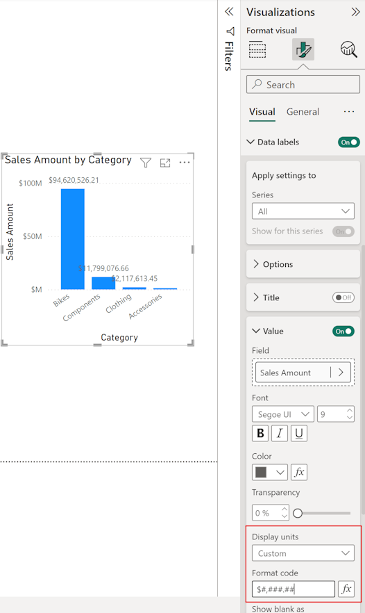 Skärmbild av fönstret Format för ett visuellt objekt som visar inställningarna för värdeformat för dataetiketter i avsnittet Visuellt objekt.