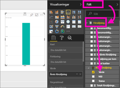 Screenshot of the report editor, highlighting the Data pane, Sales, This Year Sales, and Value.