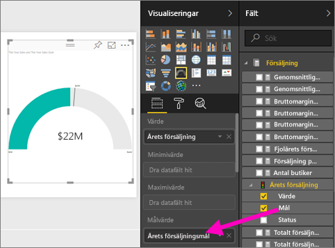 Screenshot of the Visualizations and Data panes, highlighting Target value and Goal.