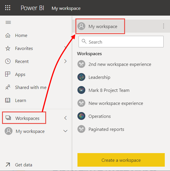 Screenshot of the Power BI service, highlighting New and Semantic model.