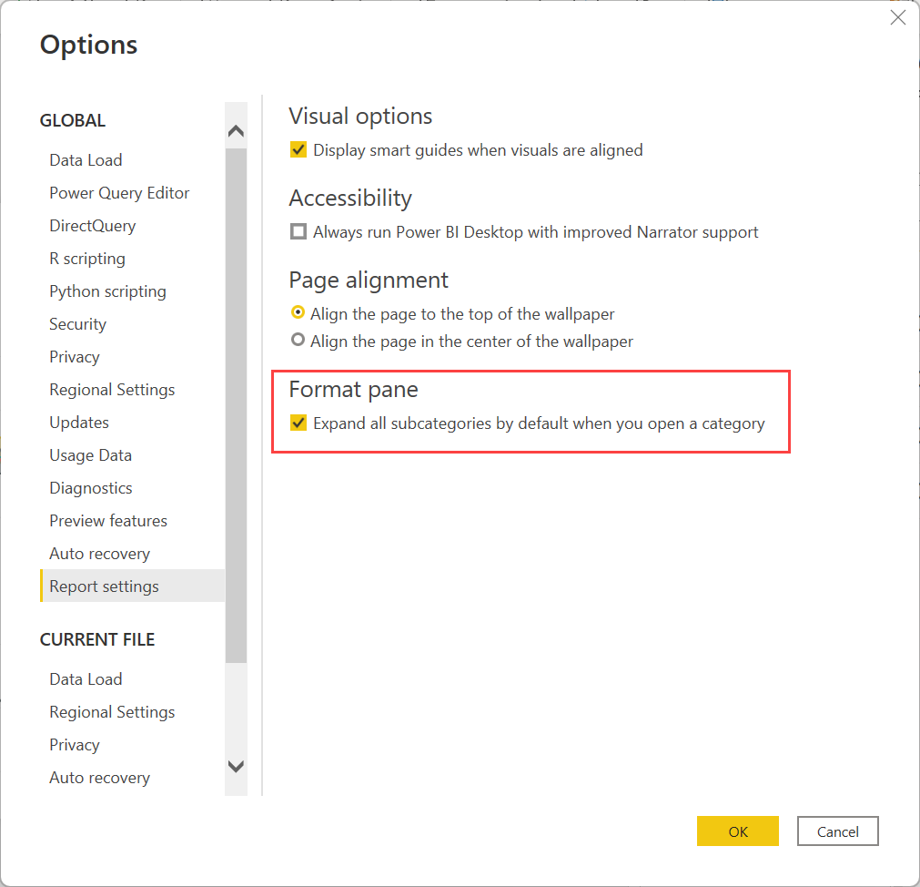 Screenshot of Options dialog box with Format pane, Expand all subcategories.