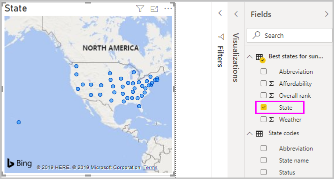 Screenshot of Power B I Desktop showing the Drag State field to create a map visualization.