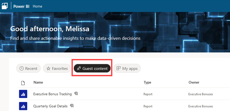 Skärmbild av Power BI-tjänst med alternativet Gästinnehåll markerat.