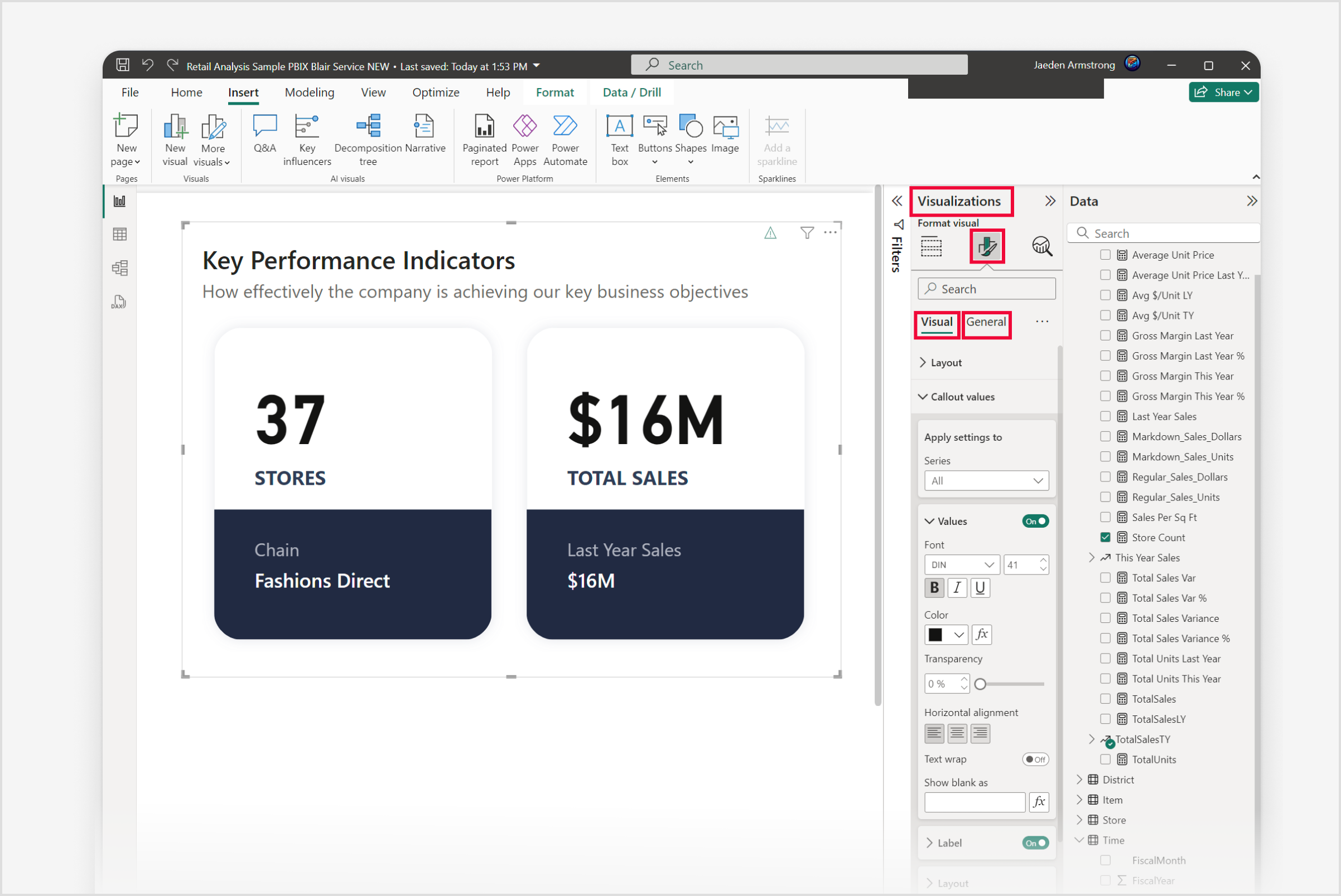 Skärmbild av Power BI Desktop som visar fönstret Visualiseringar, ikonen Formatera visuellt objekt och både flikarna Visuellt objekt och Allmänt markerat.