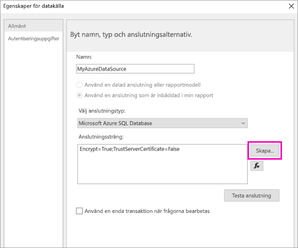 Skärmbild som visar var du väljer alternativet Skapa i Egenskaper för datakälla.