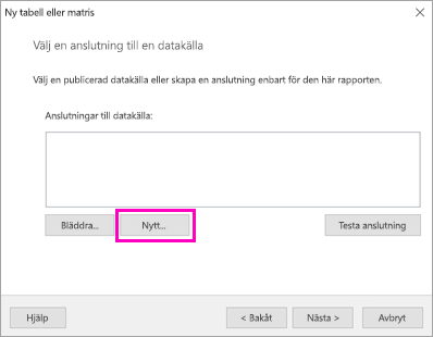 Skärmbild som visar var du väljer Ny för en datakällaanslutning.