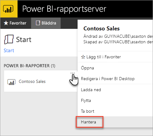 Select Manage from the Power BI report context menu