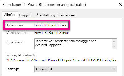 Report Server Windows Service properties