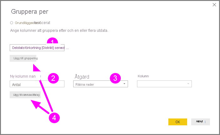 Screenshot shows the Group By dialog box with the Basic and Advanced options highlighted.