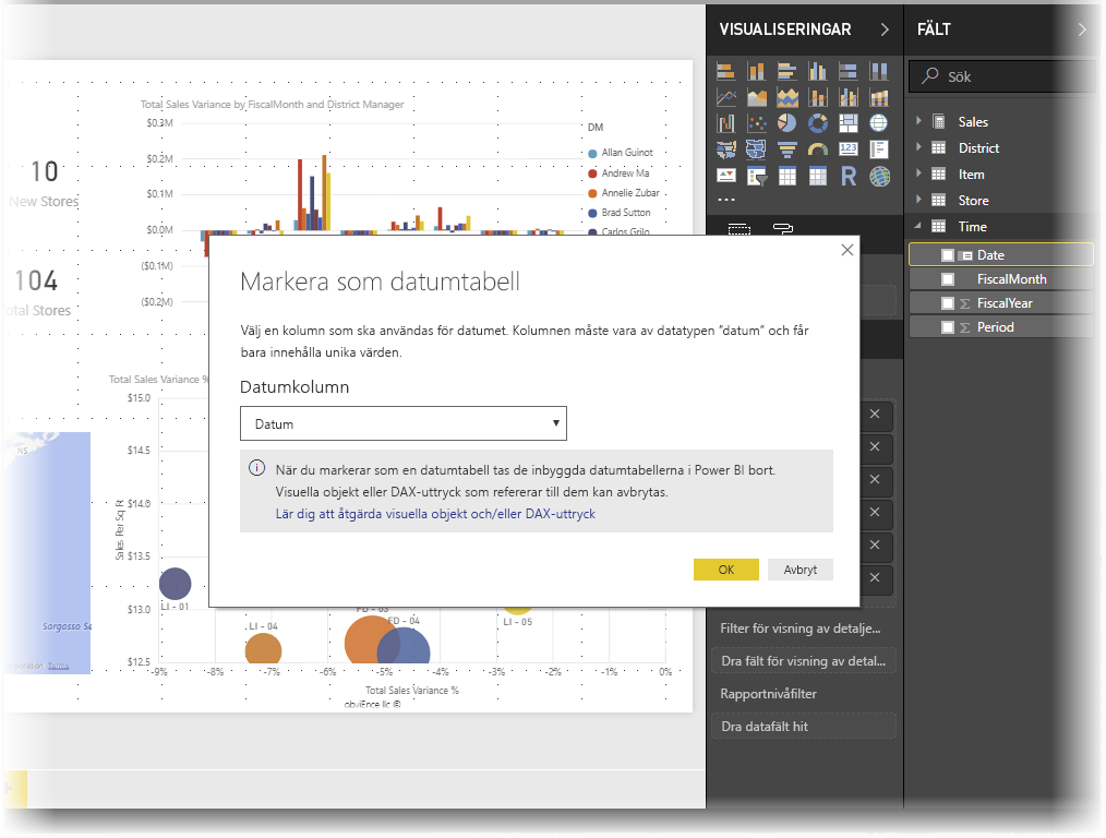 Screenshot of Power BI Desktop showing the Mark as date table dialog box.