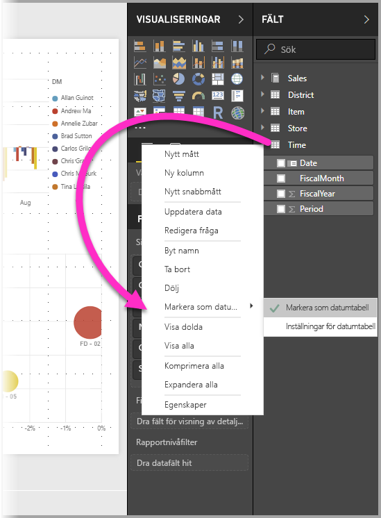 Screenshot of Power BI Desktop showing Mark as date table filter options in the Fields pane.