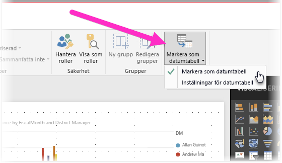 Screenshot of Power BI Desktop showing the Mark as date table button and options filter.