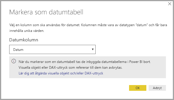 Screenshot of Power BI Desktop showing the Mark as date table dialog box with an important note.