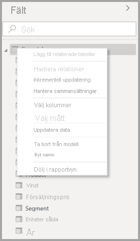 Screenshot of the original context menu for a table in Power BI Desktop.