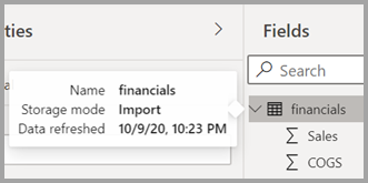 Screenshot of the new tooltip for a table in Power BI Desktop.