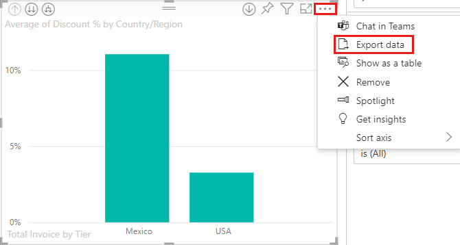 Visuell listruta som visar alternativet för att välja Exportera data.