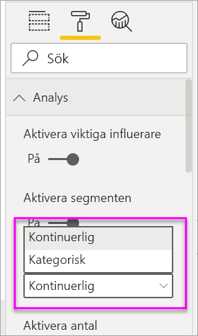 Screenshot of drop-down menu to change from categorical to continuous.