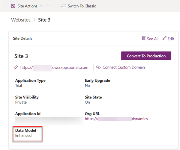 Skärmbild där fältet Datamodell har angetts till Förbättrad i avsnittet Webbplatsinformation för en webbplats.