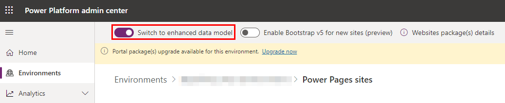 En skärmbild av Power Platform administrationscenter där växla till förbättrad datamodell framhävs.