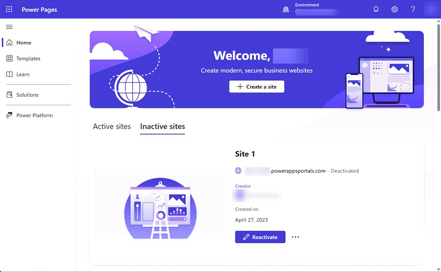 Skärmbild där knappen Återaktivera visas i avsnittet Inaktiva platser på Power Pages startsidan.