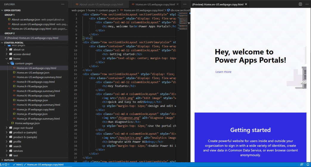 En skärm med fillista, öppen fil i Visual Studio Code-redigeraren samt en förhandsgranskning till höger.