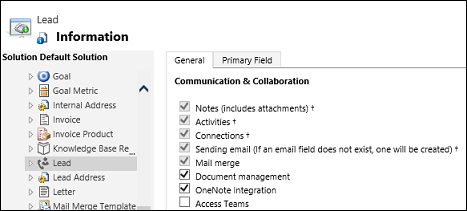 Välj OneNote-integrering för en entitet.