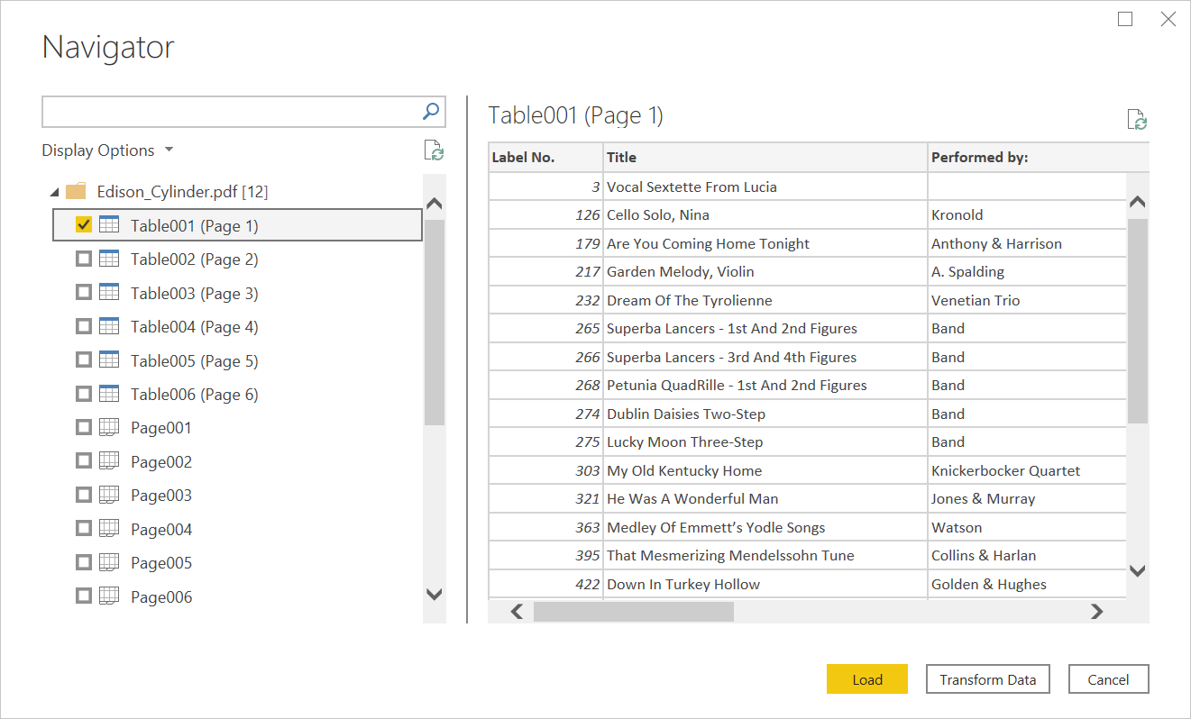 PDF-fil som importerats till Power Query Desktop Navigator.