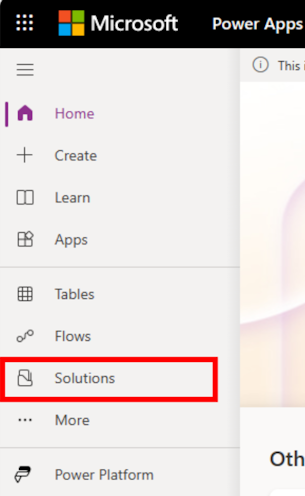 Skärmbild av Startsidan för Power Apps med valet Lösningar framhävt.