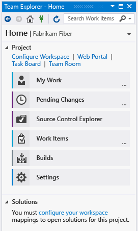 Team Explorer Home page w/ TFVC as source control