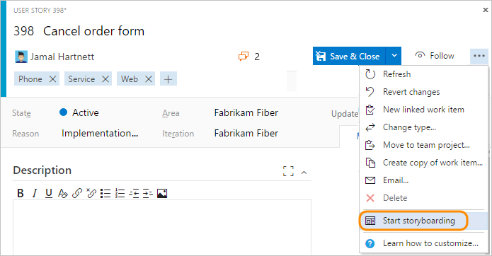 Work item form, Start storyboarding menu option