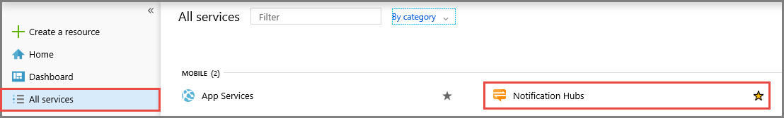 Azure-portalen – välj Notification Hubs