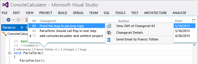 CodeLens - Contact changeset owner by mail