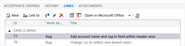 Example of links control added to a work item form