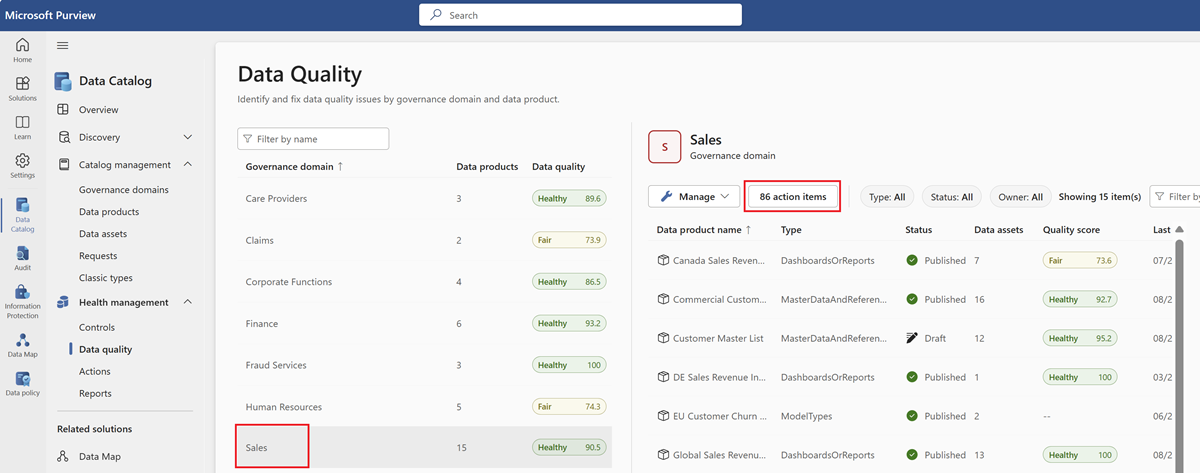 Screenshot of the data quality page, with a governance domain selected.