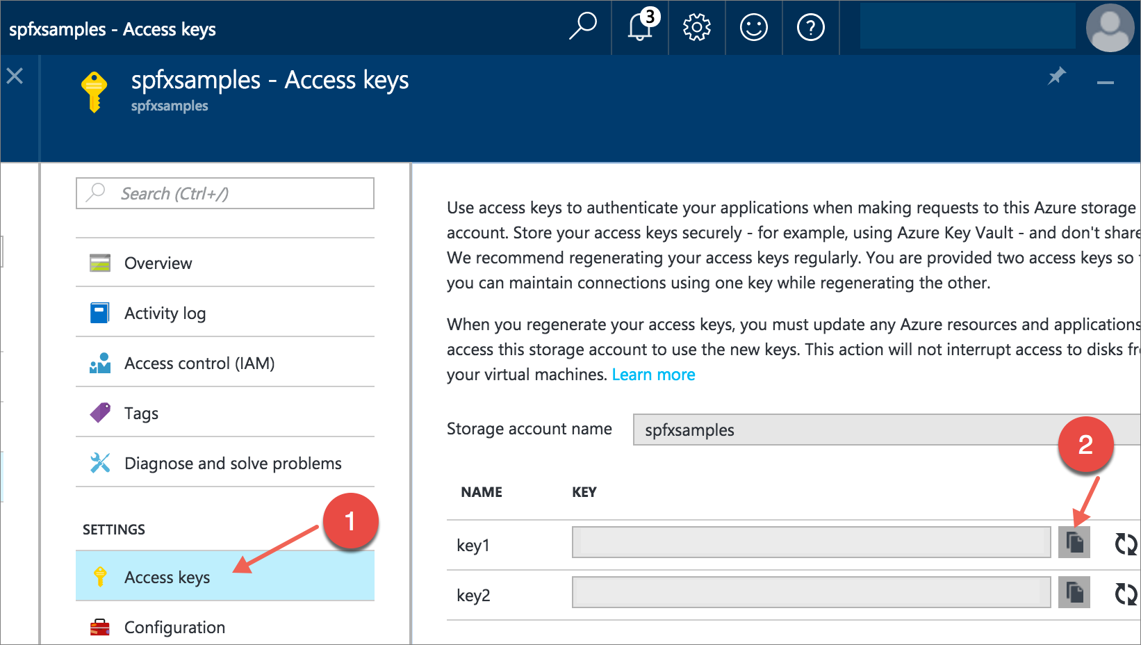 Image that shows the storage account access key