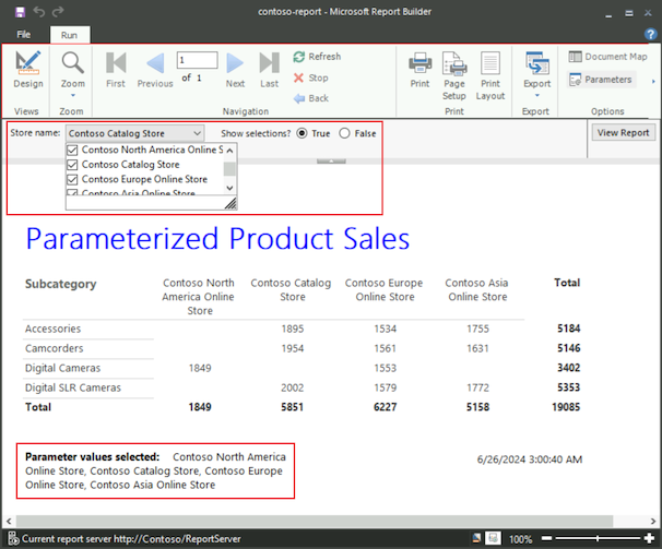 Screenshot that shows a paginated report with data filtered according to selected parameters.