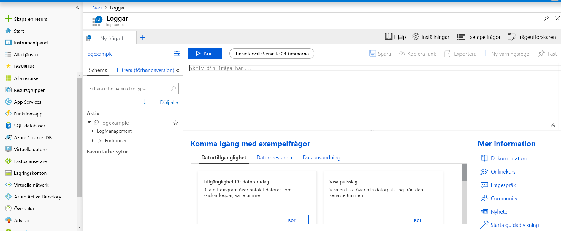 Skärmbild av Azure Monitor med en ny frågeflik öppen.